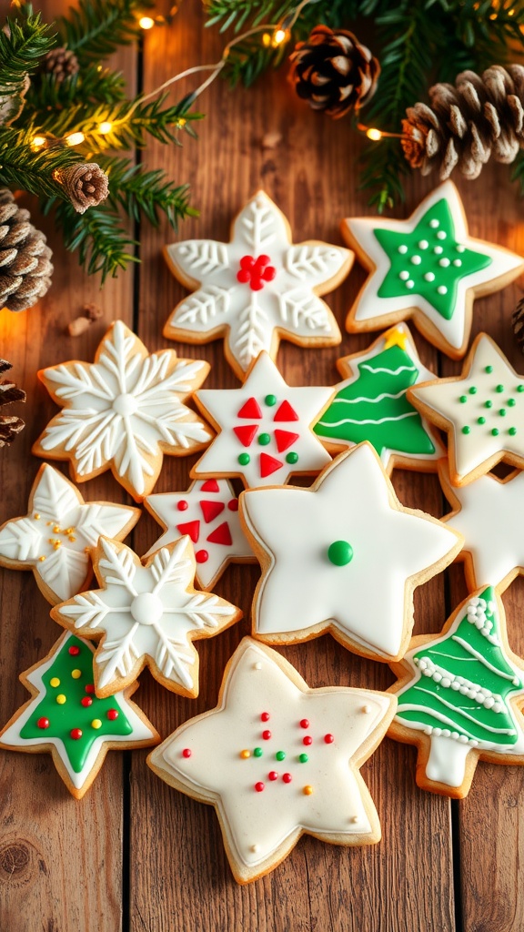 An assortment of holiday cookies decorated with royal icing and sprinkles, set on a wooden table with festive decorations.